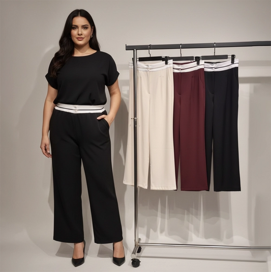 بنطلون وايد ليج كمر ابيض حريمى قطن 65 بولي 35 الوان متعددة شتوي من دبيو بي - 5695