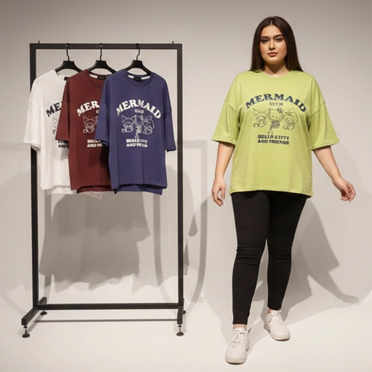 تيشرت اوفر سايز مطبوع حريمى قطن 100% الوان متعددة شتوي من دبيو بي - 5718