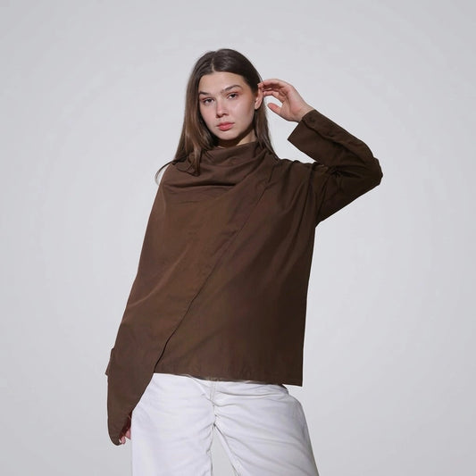 بلوزه اكمام طويلة حريمي بوبلين بني صيفي من ديفاتشي - 7525