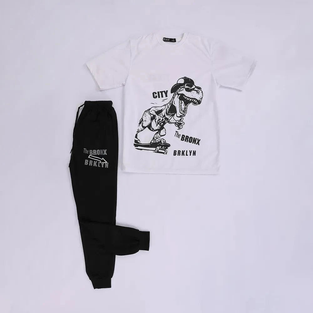 تيشرت نص كم وبنطلون اولادي محير ميلتون رسومات اسود في ابيض صيفي من براند الغلابة - BRAND-7