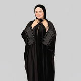 اسدال اكمام طويلة قطيفه فرنساوي ساده مطرز من الكم والطرحه حريمى قطيفه فرنساوي اسود شتوي من اتش جي - 1005-BK