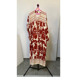 Fostan Printed Long Sleeves Long Dress for Women, Viscose Cotton - Dark Red