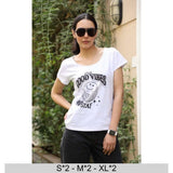 Printed Wide Neck Short Sleeves T-Shirt for Women, 100% Cotton - White