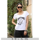 Printed Wide Neck Short Sleeves T-Shirt for Women, 100% Cotton - White