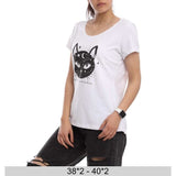 Printed Round Neck Short Sleeves T-Shirt for Women, 100% Cotton - White