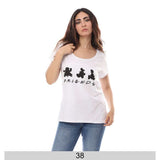 Printed Round Neck T-shirt for Women, 100% Cotton - White