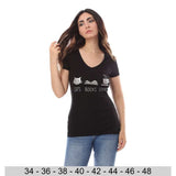 Printed V-Neck T-shirt for Women, 100% Cotton - Black