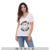 Printed V-Neck T-shirt for Women, 100% Cotton - White