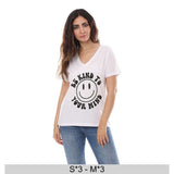 Printed V-Neck T-shirt for Women, 100% Cotton - White