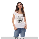 Printed Wide Neck T-shirt for Women, 100% Cotton - White