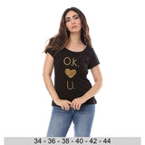 Printed Round Neck T-shirt for Women, 100% Cotton - Black