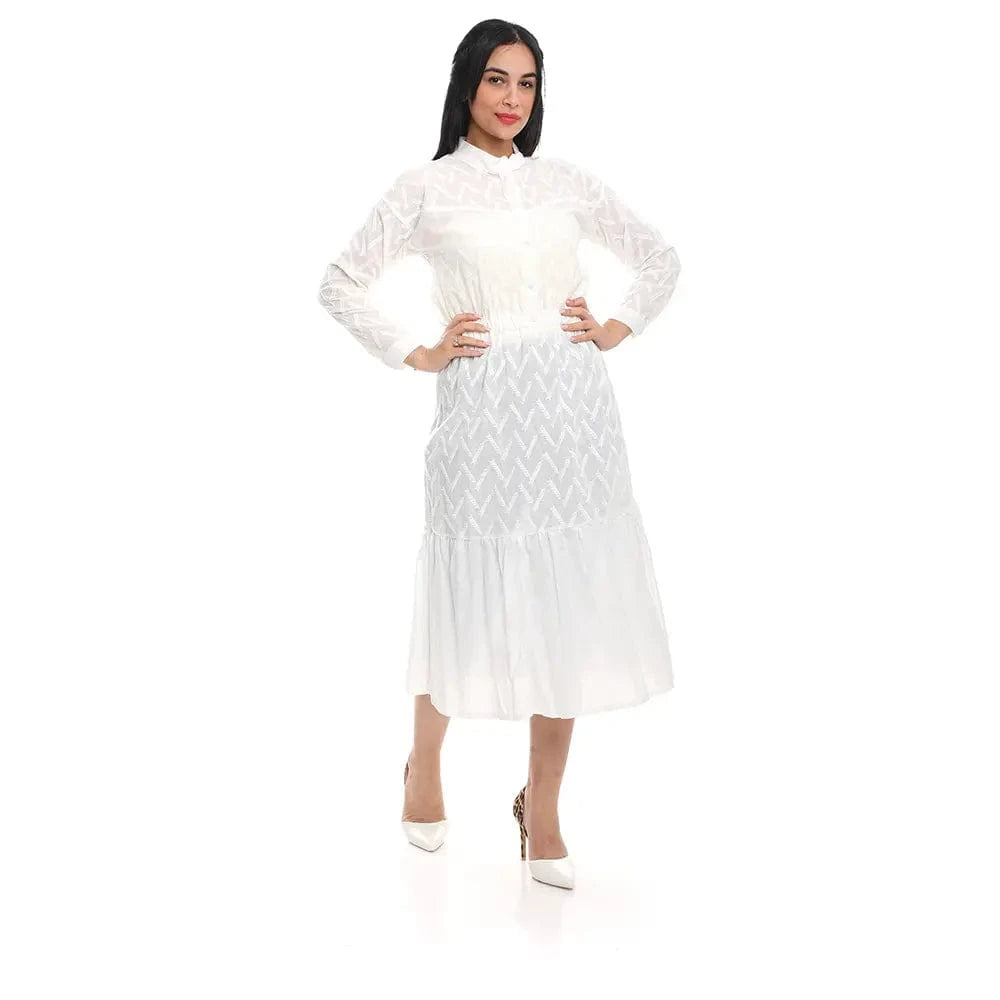 فستان باكمام طويله حريمي قطن ليكرا ابيض جميع المواسم من ازياء -3133-white