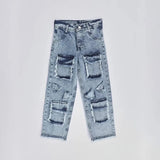 بنطلون جيوب وقلوب بناتي من سن 6 سنين ل 12 سنه بوي فريند تلبيس واسع جميع المواسم جينز فاتح من الأنطوني جينز - 4026-light