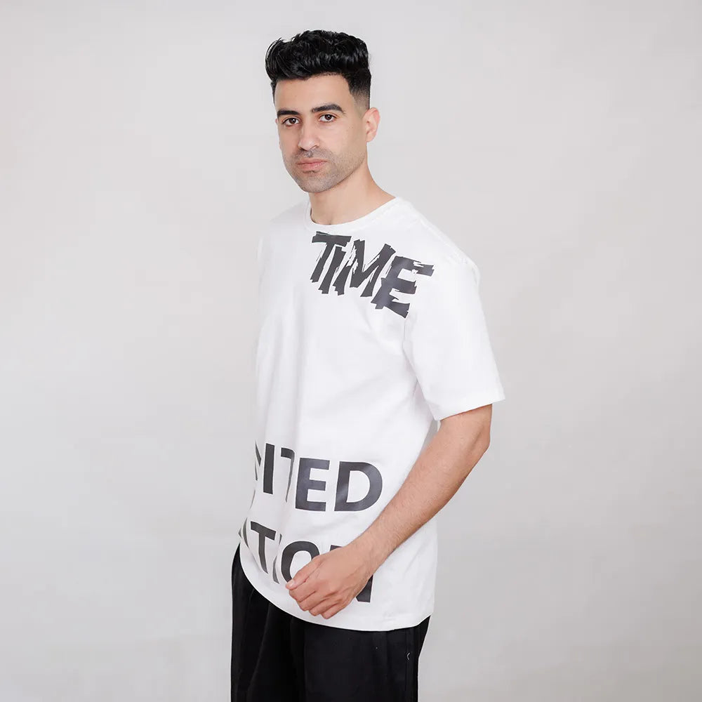 تيشيرت مطبوع time رجالى بوليفار ريلاكسيد ابيض صيفى من مودرن اوتفيت - 2815-WH