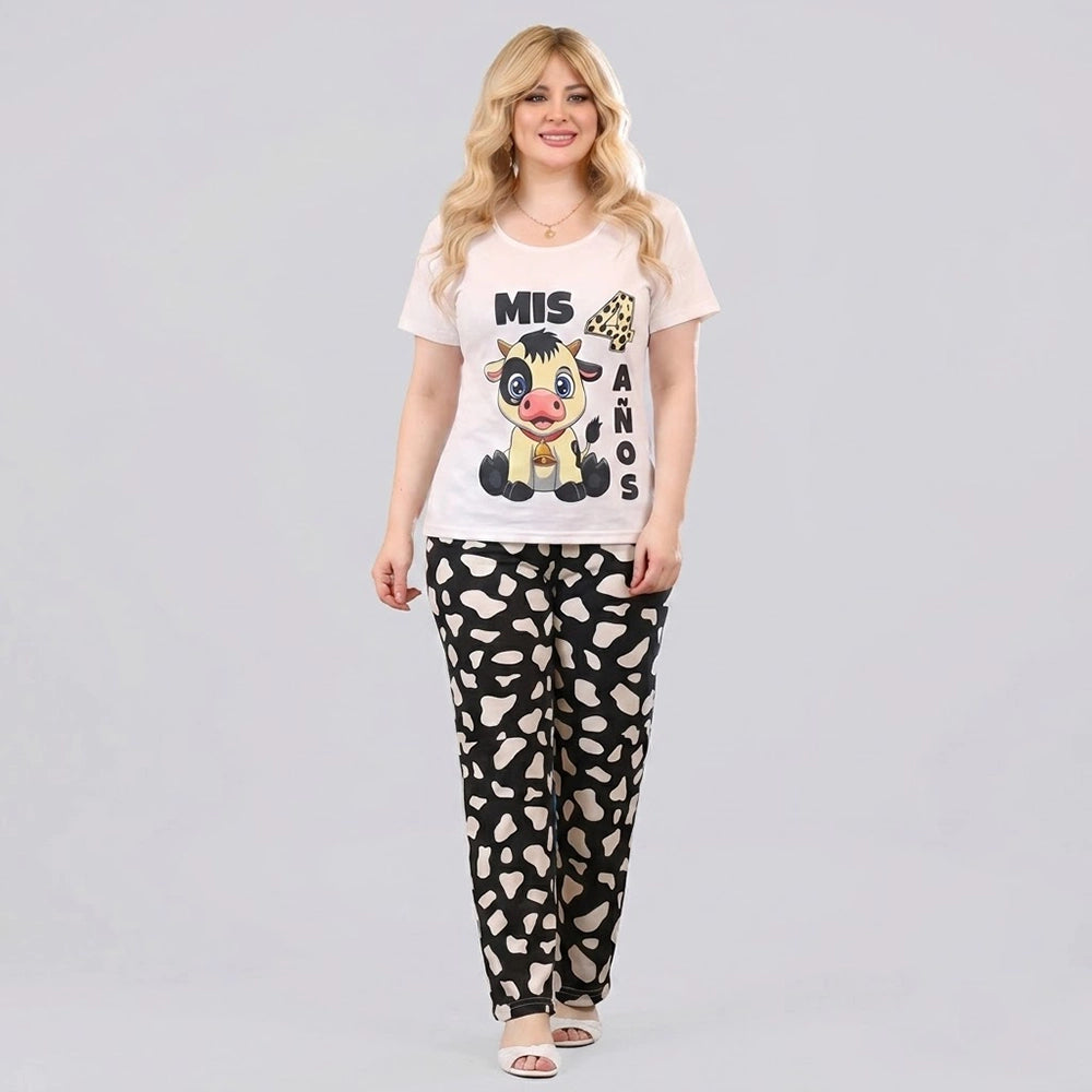 بيجامه مطبوعه رسومات حريمى شعيرات ليكرا الوان متعددة صيفى من جاهز - 4130-75