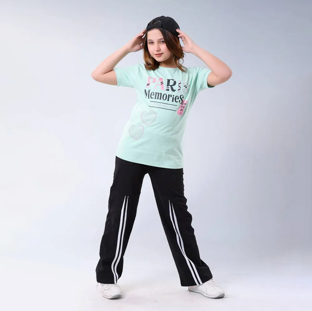 طقم خروج مطبوع قطعنين بناتى تيشرت سنكل ليكرا قطن بنطلون سمر ملتون قطن الوان متعددة صيفى من روزانا - 4241