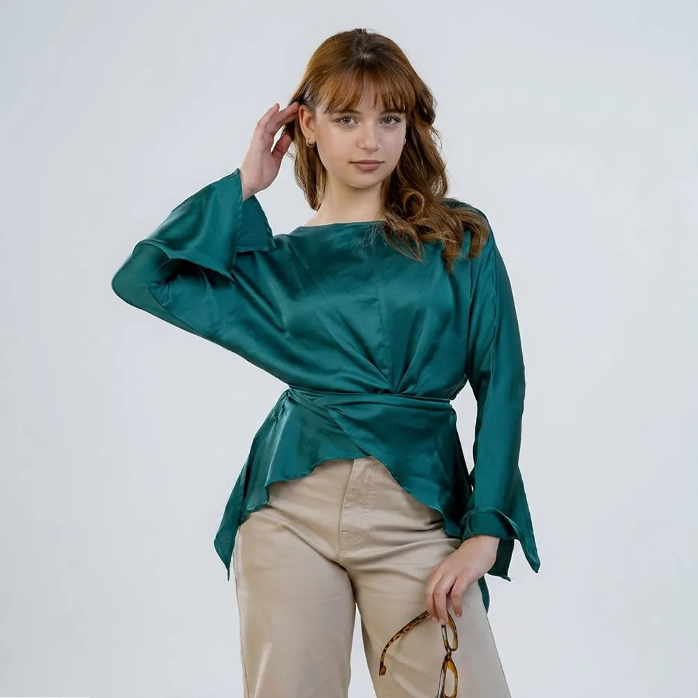 بلوزه ساده بناتى محير ستان زيتي صيفى من ملامح - 5639