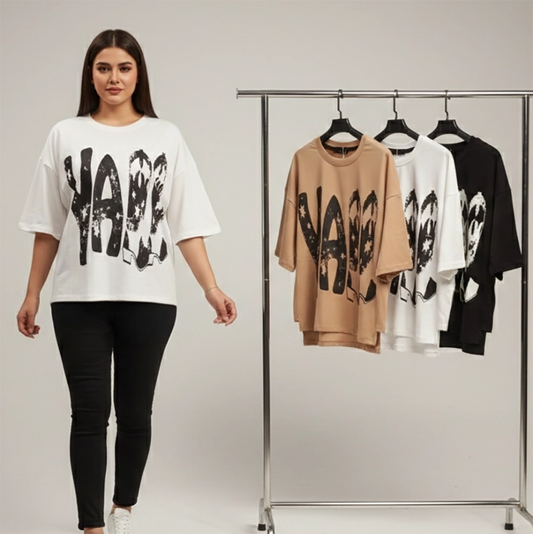 تيشرت اوفر سايز مطبوع حريمى قطن 100% الوان متعددة شتوي من دبيو بي - 5683