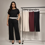 بنطلون وايد ليج كمر ابيض حريمى قطن 65 بولي 35 الوان متعددة شتوي من دبيو بي - 5695