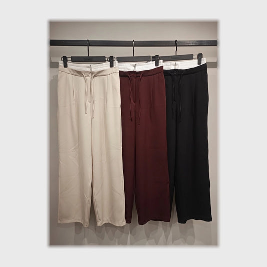 بنطلون وايد ليج كمر برباط حريمى قطن 65 بولي 36 الوان متعددة شتوي من دبيو بي - 5696