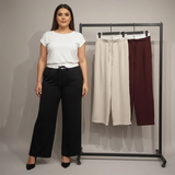 بنطلون وايد ليج كمر برباط حريمى قطن 65 بولي 36 الوان متعددة شتوي من دبيو بي - 5696