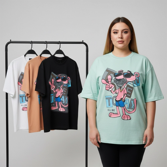 تيشرت اوفر سايز مطبوع حريمى قطن 100% الوان متعددة شتوي من دبيو بي - 5709