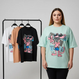 تيشرت اوفر سايز مطبوع حريمى قطن 100% الوان متعددة شتوي من دبيو بي - 5709