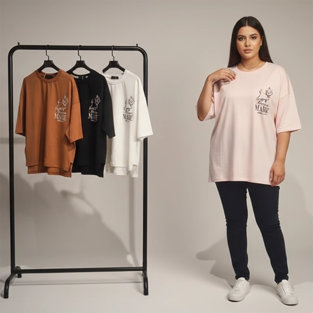 تيشرت اوفر سايز مطبوع حريمى قطن 100% الوان متعددة شتوي من دبيو بي - 5721