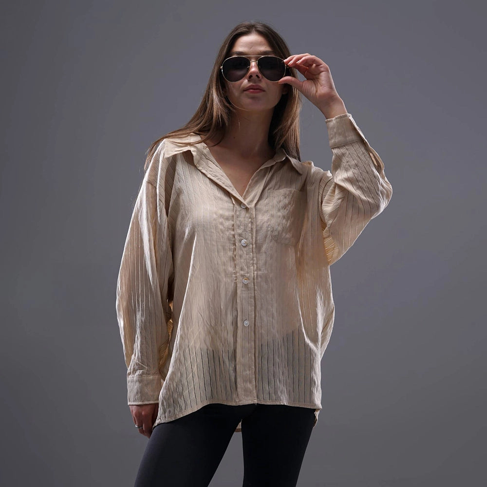 قميص اكمام طويلة حريمي كتان بيج صيفي من ديفاتشي - 7370-3
