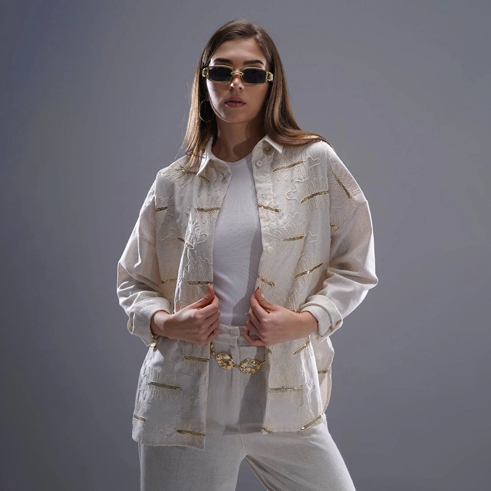 قميص اكمام طويلة حريمي كتان مطرز بيج صيفي من ديفاتشي - 7400-1