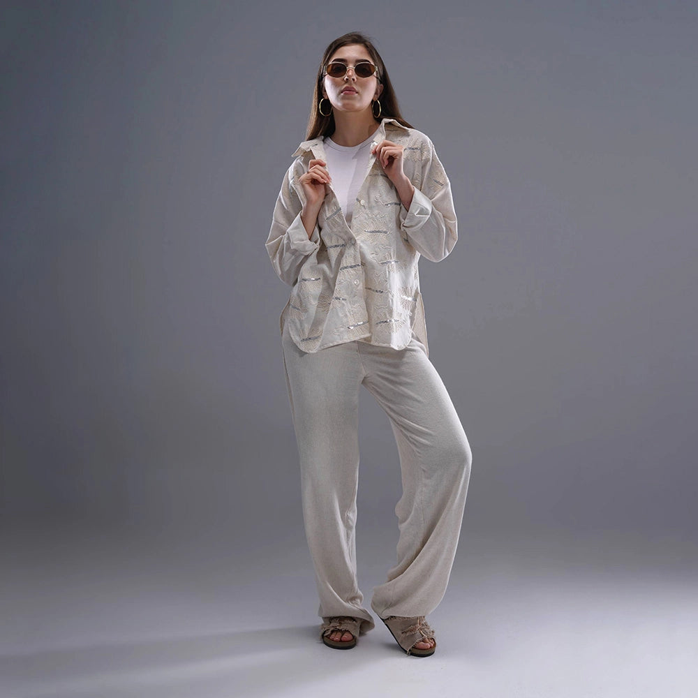 قميص اكمام طويلة حريمي كتان مطرز ابيض صيفي من ديفاتشي - 7400