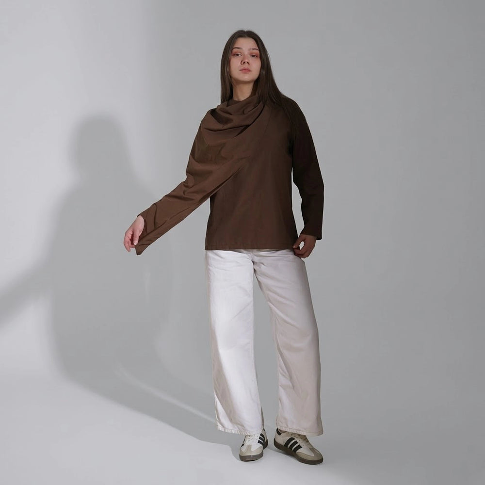 بلوزه اكمام طويلة حريمي بوبلين بني صيفي من ديفاتشي - 7525-4