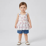 طقم فستان قطعتين بناتى بومبنايه وشورت جينز الوان متعددة صيفي من لارك ارت - 9003