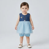 طقم فستان قطعتين بناتى بومبنايه على جينز الوان متعددة صيفي من لارك ارت - 9004