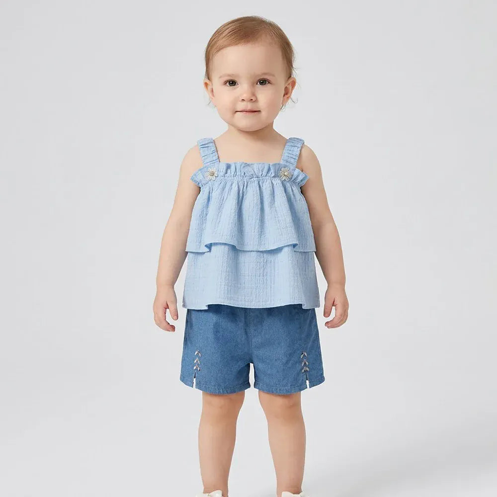 طقم فستان قطعتين بناتى بومبنايه وشورت جينز الوان متعددة صيفي من لارك ارت - 9011