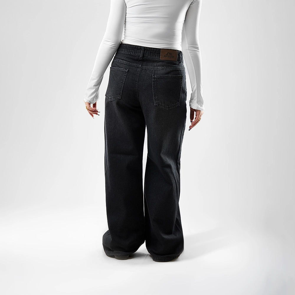 بنطلون وايد ليج حريمي جينز رباعيه قطن 100 % اسود جميع المواسم من ايجي وير جينز - BWLW01-481-black