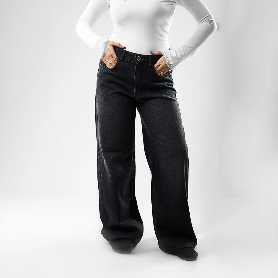 بنطلون وايد ليج حريمي جينز رباعيه قطن 100 % اسود جميع المواسم من ايجي وير جينز - BWLW01-481-black