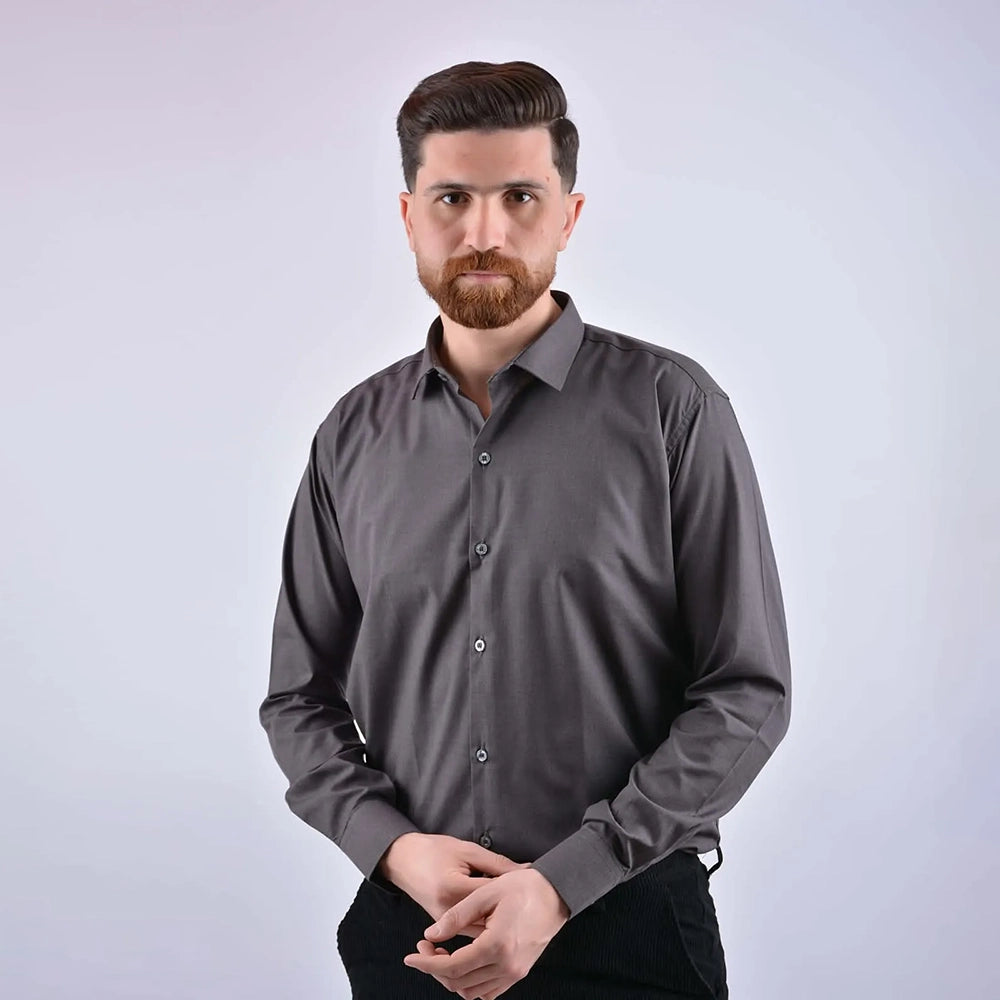 قميص كلاسيك ساده رجالى قطن داكرون رمادى غامق صيفى من إم كيه إم فاشون - Dakron-8