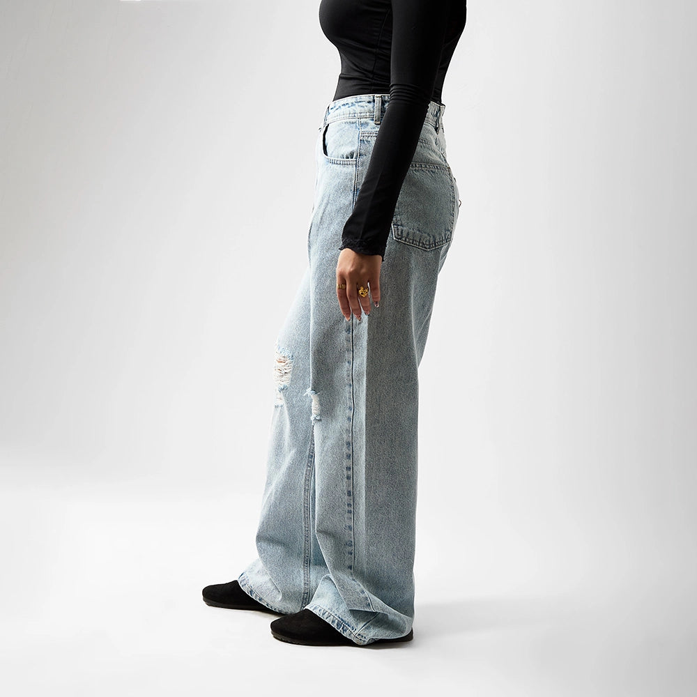 بنطلون وايد ليج حريمي جينز رباعيه قطن 100 % كحلي فاتح جميع المواسم من ايجي وير جينز - EG045-373-light-blue