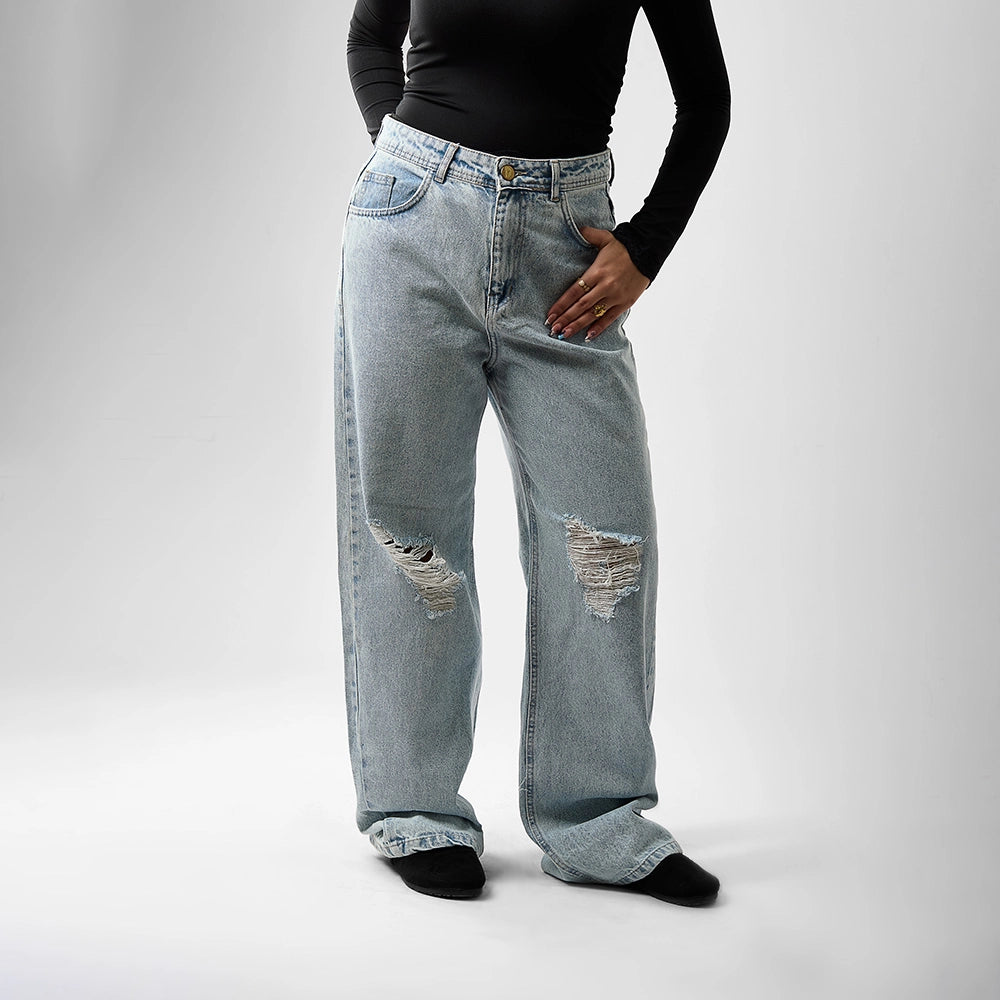 بنطلون وايد ليج حريمي جينز رباعيه قطن 100 % كحلي فاتح جميع المواسم من ايجي وير جينز - EG045-373-light-blue