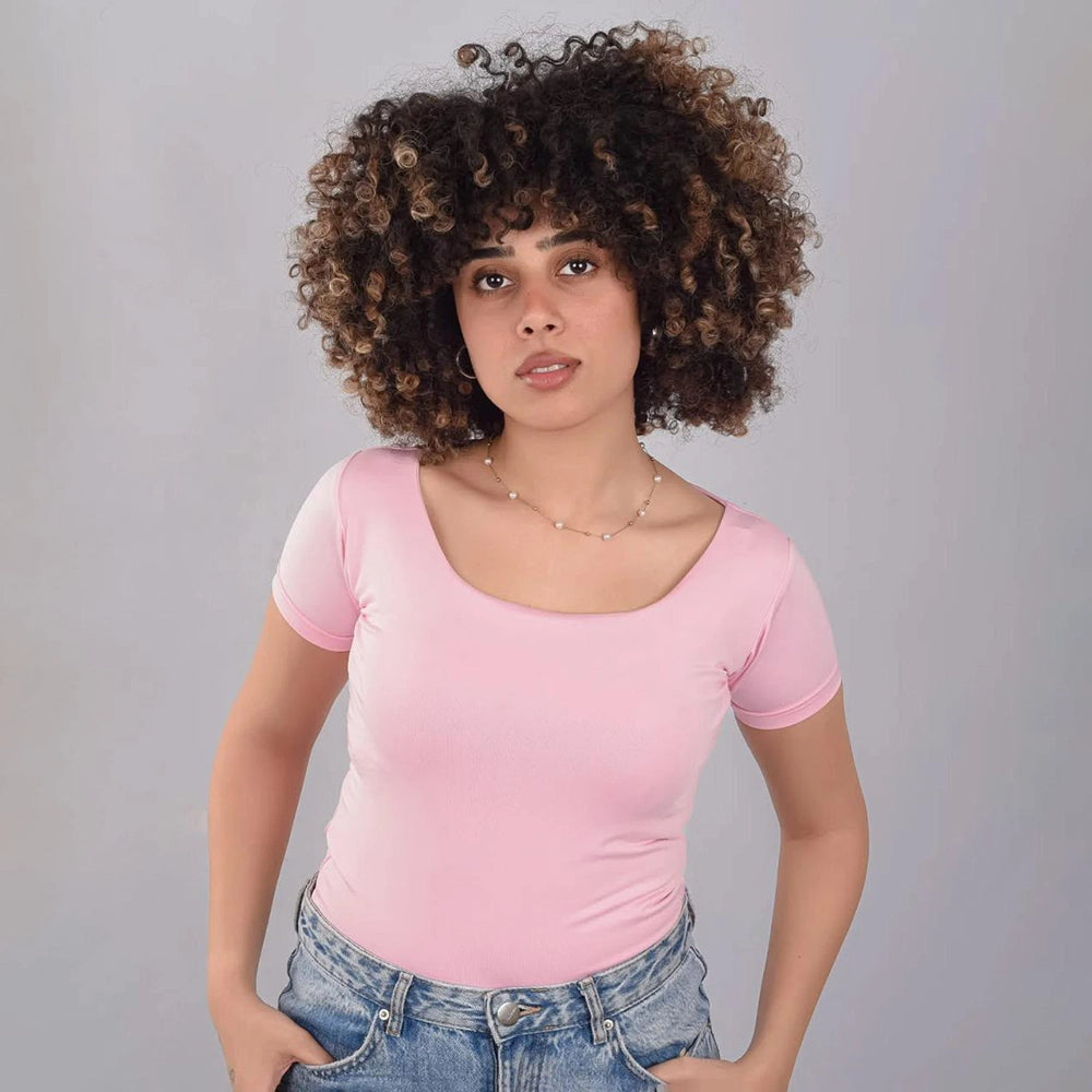 توب نص كم من طبقتين حريمى قطن ليكرا زهري جميع المواسم من اليزا - NA-PN