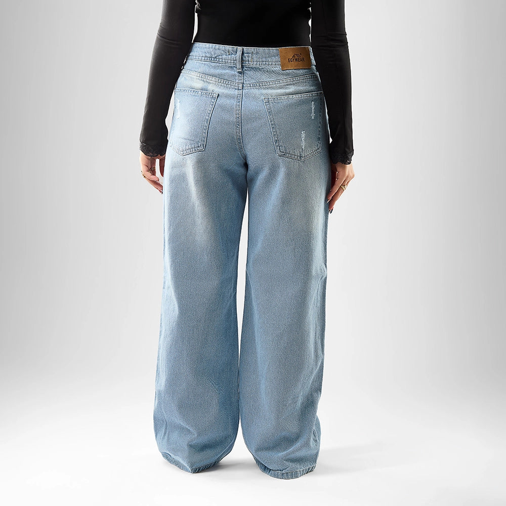 بنطلون وايد ليج حريمي جينز رباعيه قطن 100 % كحلي فاتح جميع المواسم من ايجي وير جينز - WLW03-454-light-blue