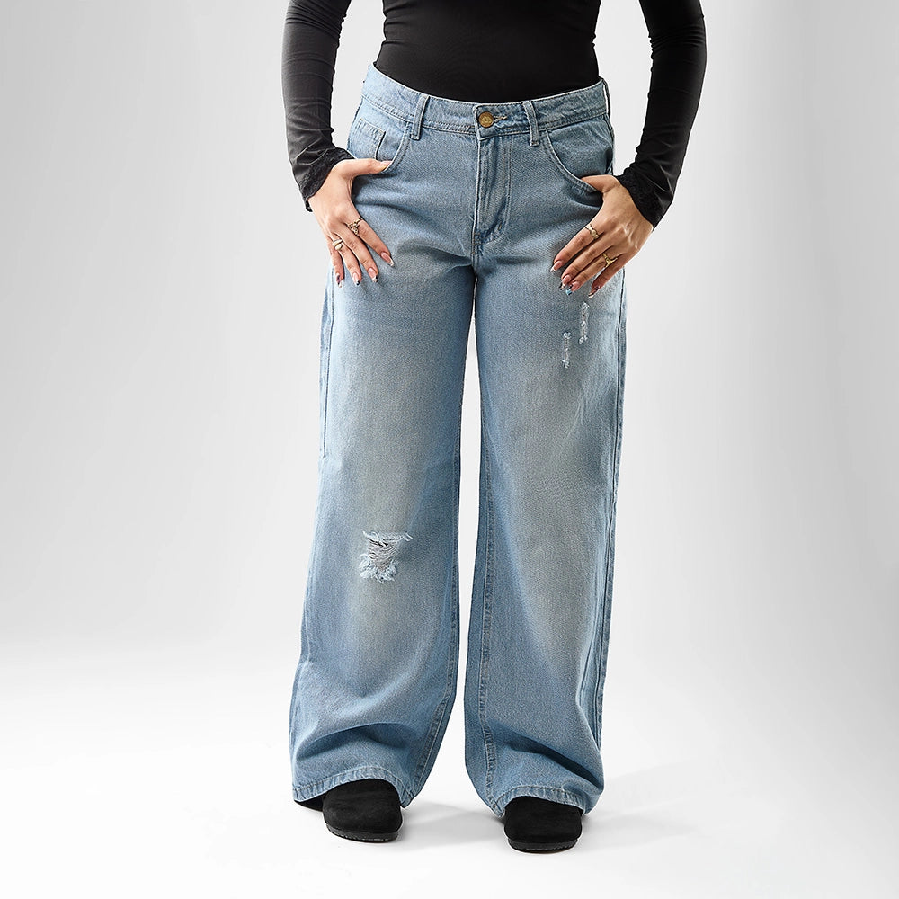 بنطلون وايد ليج حريمي جينز رباعيه قطن 100 % كحلي فاتح جميع المواسم من ايجي وير جينز - WLW03-454-light-blue