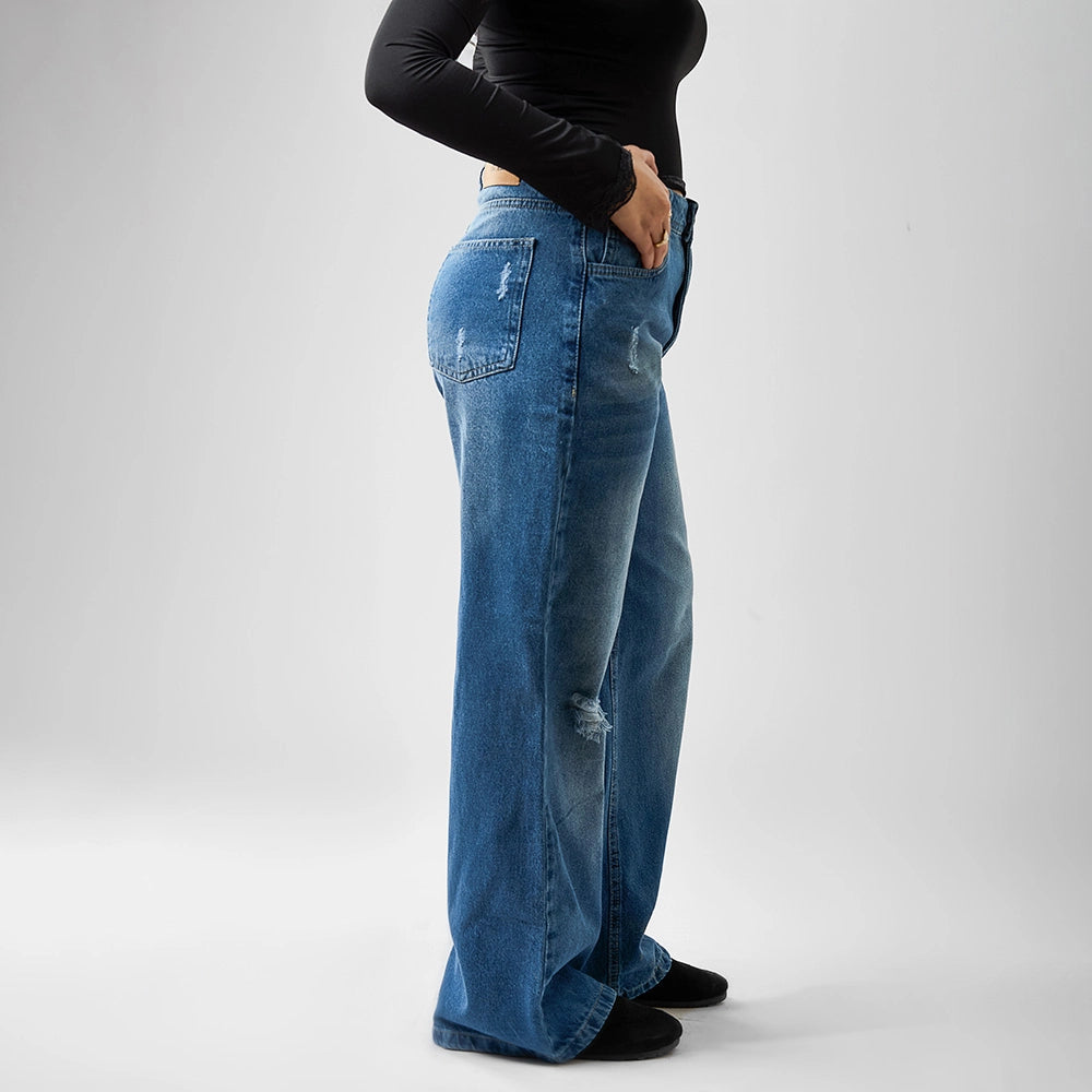 بنطلون وايد ليج حريمي جينز رباعيه قطن 100 % كحلي وسط جميع المواسم من ايجي وير جينز - WLW03-454-medium-blue