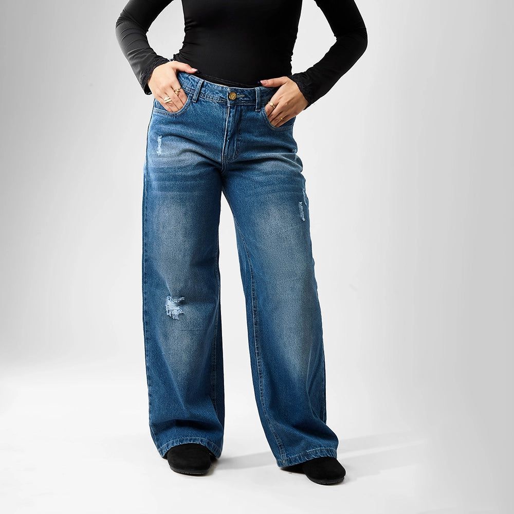 بنطلون وايد ليج حريمي جينز رباعيه قطن 100 % كحلي وسط جميع المواسم من ايجي وير جينز - WLW03-454-medium-blue