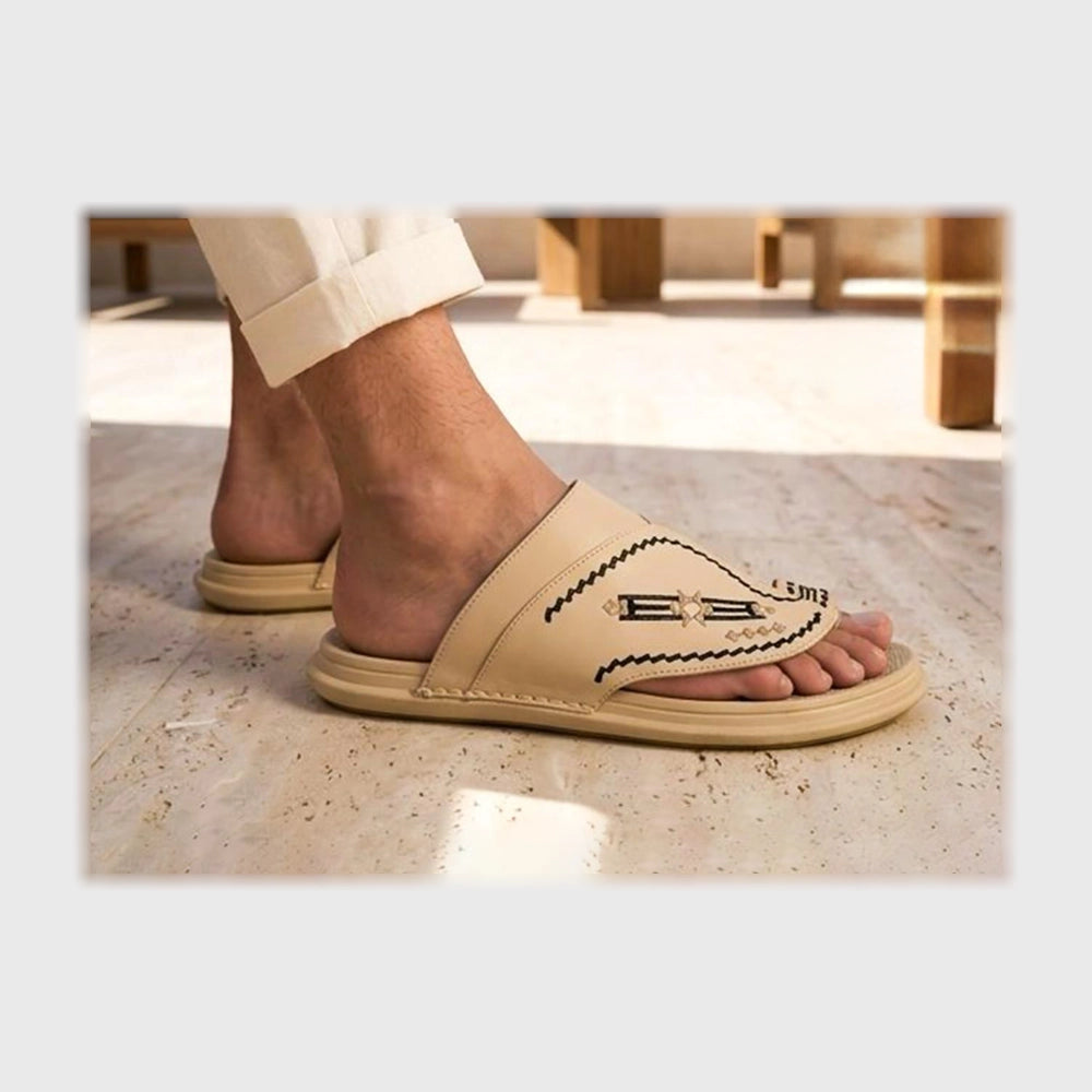 شبشب وش عريض رجالى فوندي جلد طبيعي مستورد ونعل PVC حقن بيج جميع المواسم من ال وحيد - b26-beige