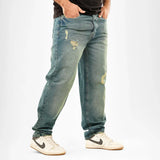 بنطلون وايد ليج رجالي جينز رباعية قطن 100% كحلي نحاسي جميع المواسم من إيجي وير جينز - bgm010-472-washed blue