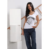 Printed Wide Neck Short Sleeves T-Shirt for Women, 100% Cotton - White