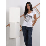 Printed Wide Neck Short Sleeves T-Shirt for Women, 100% Cotton - White