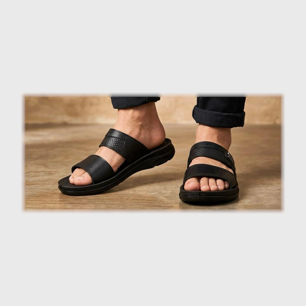 شبشب وش عريض رجالى فوندي جلد طبيعي مستورد ونعل PVC حقن اسود جميع المواسم من ال وحيد - h5-black